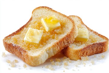 Two slices of toast covered in melted butter and sugar on a white surface with sugar granules scattered