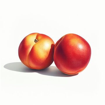 Two vibrant, ripe nectarines positioned closely, showcasing their glossy skin and rich colors against a white background.