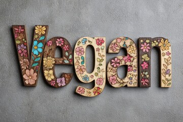 Vegan floral letters Handcrafted colorful on a textured gray backdrop