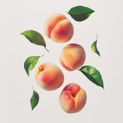 Fresh peaches and green leaves gracefully floating against a light background, creating a vibrant and refreshing feel.