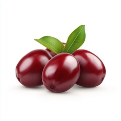 A trio of glossy, red plums with vibrant green leaves, showcasing their fresh and juicy appeal.