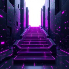 Fototapeta premium Futuristic Digital Stairs with Neon Lighting in Cyberpunk Setting