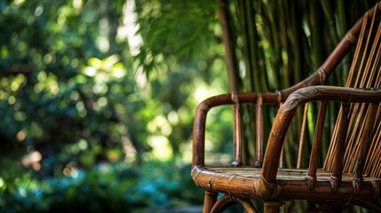 Wicker chair with bamboo back bathed in soft light set against a verdant blurred backdrop