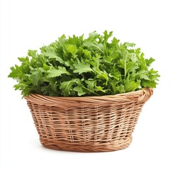 Fototapeta premium A woven basket filled with fresh, vibrant green leafy greens, showcasing their rich texture and color.