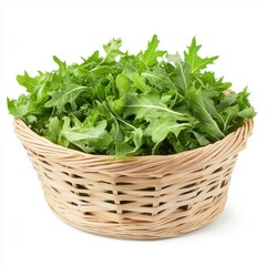 Naklejka premium A woven basket filled with fresh, vibrant green leafy vegetables, showcasing nature's bounty.