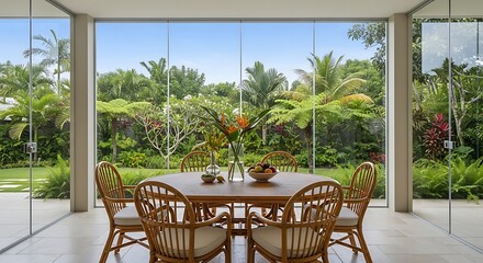 Obraz premium Bright Indoor Dining Space with Garden View