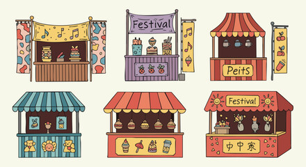 Fototapeta premium Vibrant collection of hand-drawn cartoon festival market stalls. Cheerful doodle fair booths offer food, treats, games, and entertainment