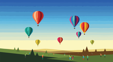 Fototapeta premium Vibrant hot air balloons ascend into a clear sky above a landscape. People watch the colorful spectacle