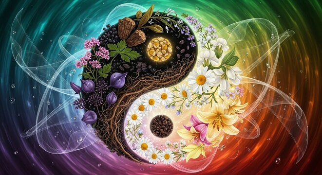 A colorful yin-yang symbol composed of herbs, flowers, and roots representing traditional Chinese medicine. The left side features dark elements, while the right side is vibrant and light. - Powered by Adobe