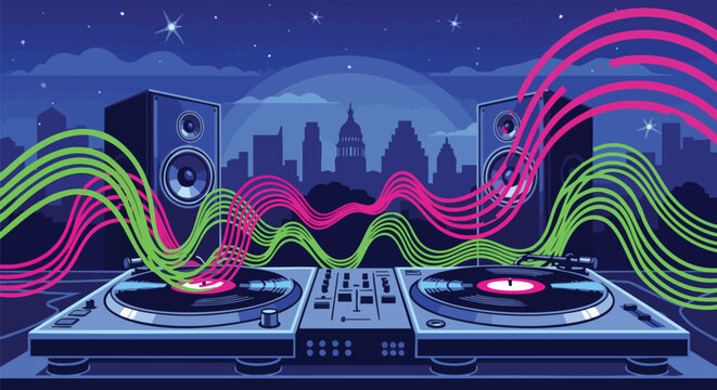 Vibrant illustration featuring DJ turntables and speakers against a city skyline at night