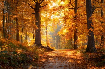 Obraz premium Sunlight bathes forest, vibrant fall colors. Golden autumn leaves blanket forest floor creating scenic view. Pathway leads, creating inviting mood. Forest trees, scenic background, October.