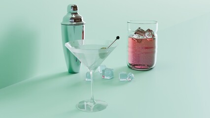 Cocktail shaker with martini glass and red cocktail on mint background