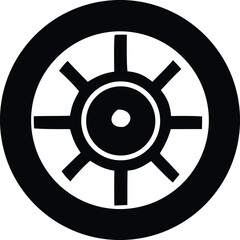 Obraz premium Simple black and white wheel icon symbol represents cycles motion movement forward progress navigation transportation and journeys