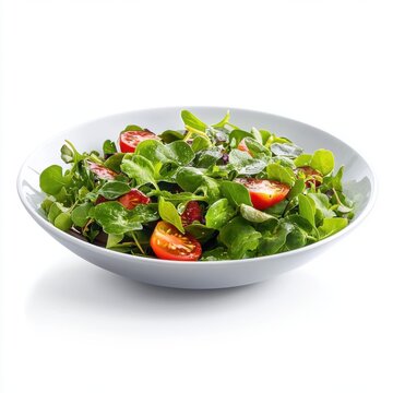 Fresh garden salad with vibrant greens and juicy cherry tomatoes in a white bowl.