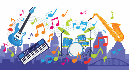Vibrant musical instruments like guitar, keyboard, drums, and saxophone are playfully arranged over a skyline, creating a cheerful, upbeat mood perfect for music events