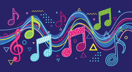 Vibrant neon music notes and abstract geometric shapes form an energetic, retro 80s/90s style vector background on deep blue