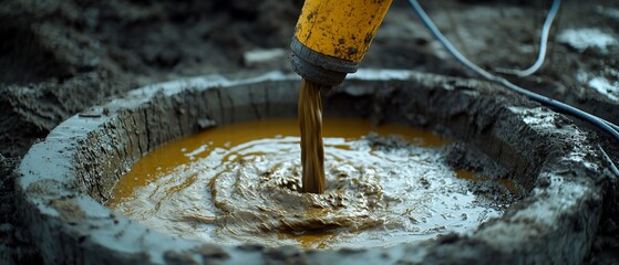 Thick brown liquid pours into a muddy basin, swirling as it mixes