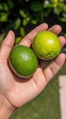 Two bright green limes held in a hand, outdoors in sunlight