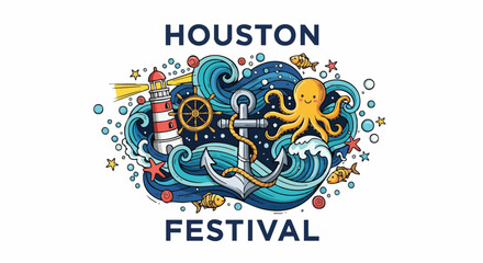 Vibrant vector illustration featuring a lighthouse, anchor, octopus, fish, and blue waves for 'Houston Festival' branding and summer events