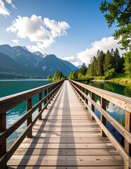 Serene wooden pier extending into a tranquil lake, with mountains in the background