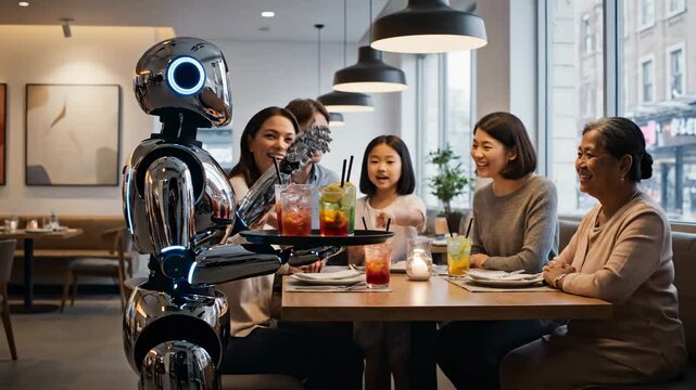 Robot waiter carrying drinks family table smoothly cinematic UHD food robotics lifestyle stock footage. automated server conveying beverage kinfolk board fluidly filmic ultra high