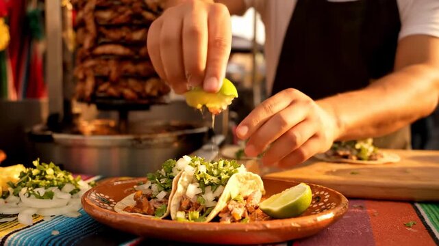 Street stall Mexico serving tacos al pastor lime cinematic UHD authentic Mexican street food stock footage. mexican cuisine vendor taco preparation citrus gastronomy ultra
