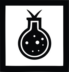 Stylized pomegranate icon laboratory flask symbol science alchemy fruit abstract art black and white graphic element