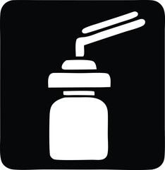 Simple icon of a medicine dropper bottle with two drops dispensing fluid for medical care or pharmaceutical use