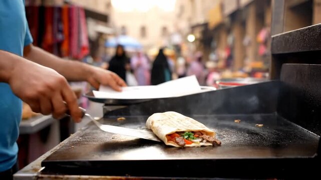 Street vendor pressing shawarma wrap hot griddle cinematic UHD Middle Eastern street food lifestyle stock footage. roadside cook preparing gyro flatbread grill