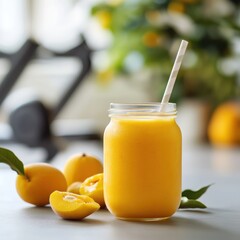 Fototapeta premium Refreshing peach smoothie in a jar with fresh peaches beside it, perfect for a healthy boost on a sunny day.