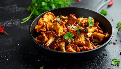 Roasted chanterelle mushrooms in a cast iron skillet, seasoned with herbs and spices, displayed on a dark surface.