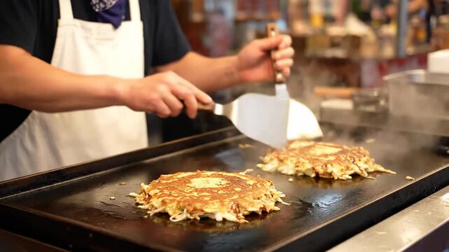 Vendor flipping Japanese okonomiyaki savory pancakes griddle cinematic UHD authentic street food lifestyle stock footage. cook preparing japanese flat cake hotplate filmic ultra