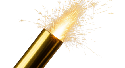 Golden sparkler exploding with bright light and sparks isolated on transparent background
