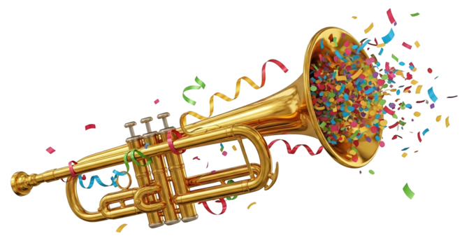 Golden trumpet with colorful confetti and streamers exploding from the bell isolated on transparent background