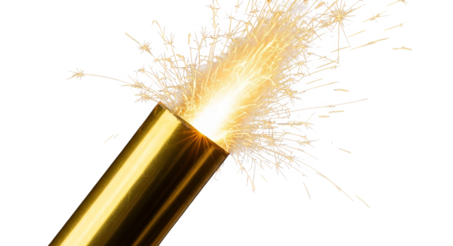 Golden sparkler exploding with bright light and sparks isolated on transparent background