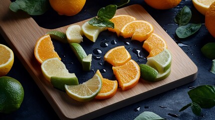 Vibrant citrus slices arranged artfully on a wooden board, surrounded by whole fruits and leaves