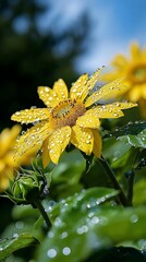 Vibrant yellow flower, dew-kissed petals, bright sunlight, lush green foliage