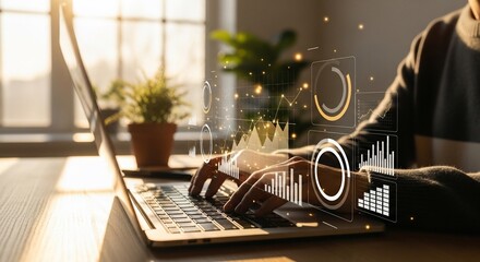 Man analyzes data on laptop in modern office with glowing charts and graphs overlaying the screen, showcasing technology and business analytics.
