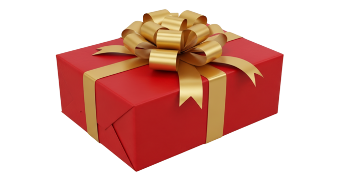 Red gift box with gold ribbon isolated on transparent background