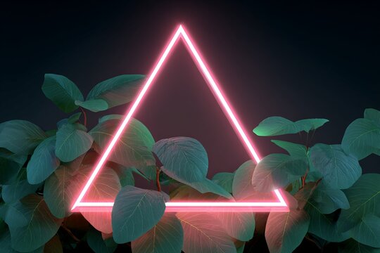 A neon pink triangle floats above vibrant green foliage, set against a dark backdrop. The image is digitally created and features a striking contrast between the bright pink and deep green hues