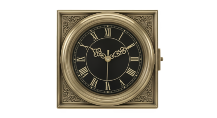 Antique square clock with golden frame and black roman numeral face, isolated on transparent background