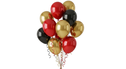Bunch of red, black, and gold balloons with curling ribbons, isolated on transparent background