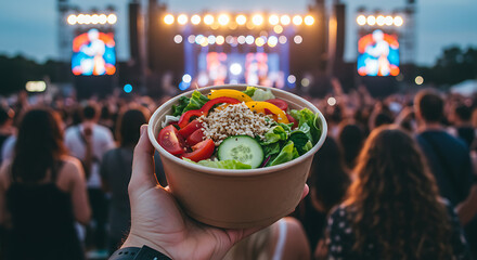Hand holding fresh salad bowl at a vibrant outdoor music festival, promoting healthy eating at a lively concert