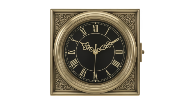 Antique square clock with golden frame and black roman numeral face, isolated on transparent background - Powered by Adobe