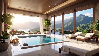 Fototapeta premium Luxurious indoor swimming pool with panoramic mountain and lake views, featuring modern design, lounge chairs, and natural light for ultimate relaxation.