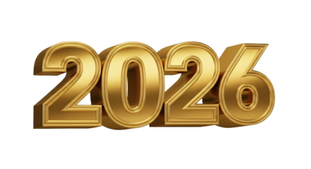 The year 2026 in bold, shiny golden 3d numbers, isolated on transparent background