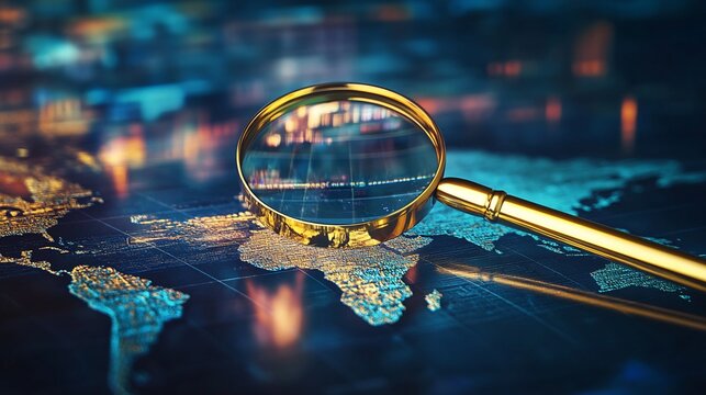 A golden magnifying glass rests on a glowing digital world map, showcasing city lights and data streams. The image conveys themes of global connection and data analysis