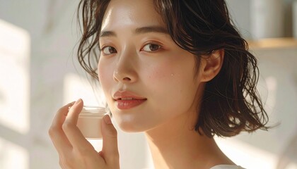 Beautiful young woman with radiant, fresh skin holds a cosmetic jar, emphasizing beauty, hydration, and skincare wellness routines.