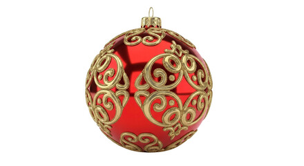A red christmas ornament with gold filigree isolated on transparent background