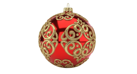 A red christmas ornament with gold filigree isolated on transparent background